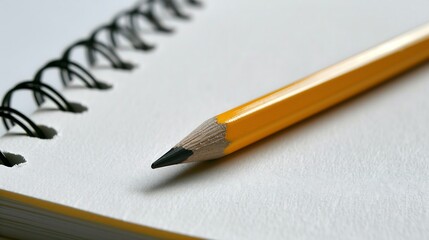 A single yellow pencil resting diagonally on an open spiral notebook with blank pages. The scene is minimalist, with a focus on the pencil and the notebook, perfect for conveying themes of education - Powered by Adobe