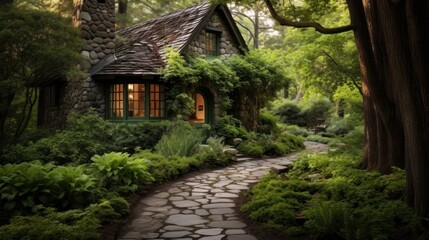 a charming cottage nestled amidst a lush, sun-dappled forest, 