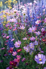 Naklejka premium Beautiful colorful flowers blooming in a dreamy garden with a soft bokeh background