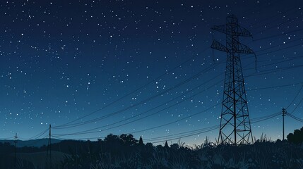 Electric transmission tower in the starry night sky. Energy infrastructure concept.