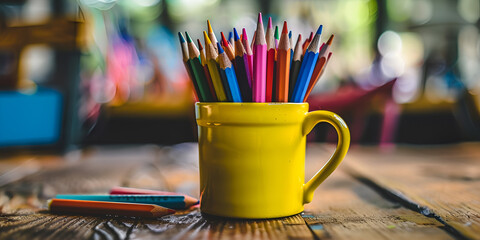 A painting of a white mug filled with colored pencils, with some spilling out, on a white table yellow cup full of colored pencils, with a few pencils on the table in front  - Powered by Adobe