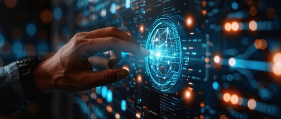 Human hand touching modern digital screen