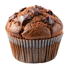 A chocolate cupcake with chocolate chips and frosting on transparent background