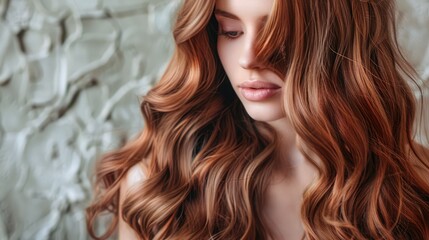 Young, brown haired beautiful model with wavy, dense, dyed long hair. Excellent hair waves.Hairdressing art and coloration of hair. 