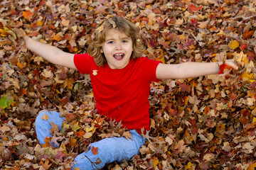 The Autumn. Kids face in autumn outdoor. Child portrait close up, kid lying in autumn leaves. Fall autumn foliage concept. Kid boy playing with fall leaves in park.