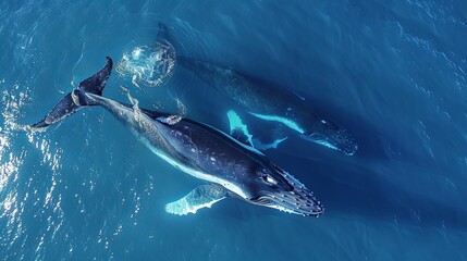 Fototapeta premium Humpback whale and calf aerial drone shot sleeping on the surface of the ocean in Australia, New South Wales