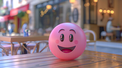 Chic 3D soft pink emoji with a giggling face, set on a backdrop of a chic Parisian caf?(C). - Powered by Adobe
