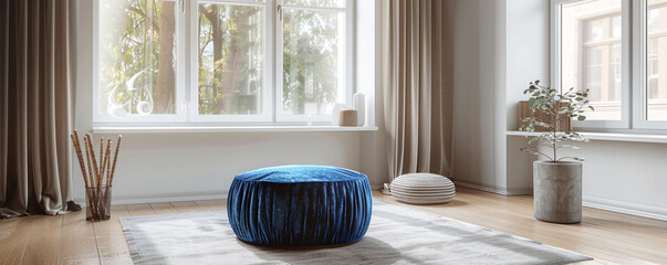 Elegant blue velvet ottoman in a minimalist living room with neutral tones and large windows, enhancing the overall aesthetic and comfort