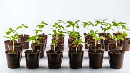 Fototapeta premium vibrant green seedlings sprouting from various containers against white backdrop.
