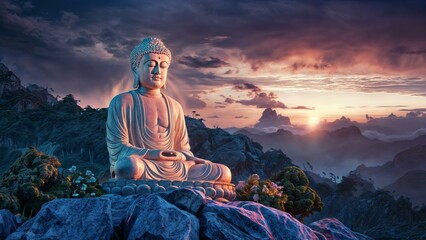 Majestic Buddha statue sitting in a lotus position surrounded by a scenic mountainous landscape at...