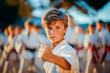 Young boy in a white karate uniform focusing during an outdoor martial arts class with other students in the background.