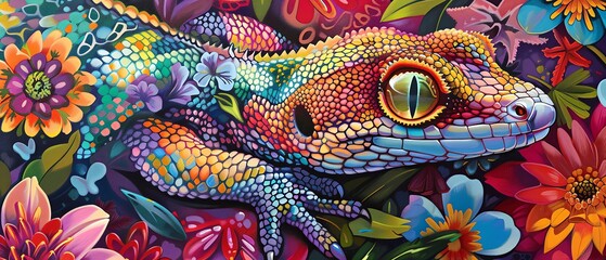 A colorful gecko with flowers, colorful scales in vibrant colors with hyperrealistic details, a detailed painting of a snake's head surrounded by exotic blossoms in the style of intricate patterns on
