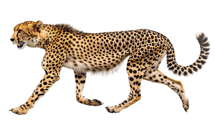Full body side view of cheetah running isolated on white or transparent background, png clipart, design element. Easy to place on any other background.