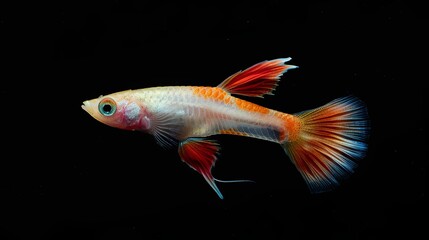 Poecilia Reticulata or Guppy Fish Albino Galaxy Red Medusa, Female. On Black Background