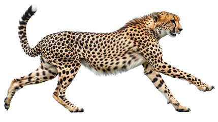 Full body side view of cheetah running isolated on white or transparent background, png clipart,...