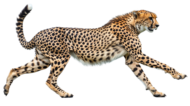Full body side view of cheetah running isolated on white or transparent background, png clipart, design element. Easy to place on any other background.