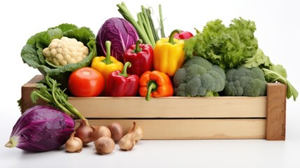 fresh vegetables arranged in a rustic wooden crate on a white background 