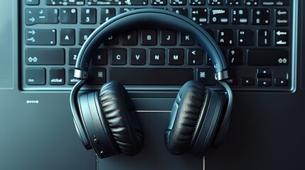 Top perspective of headphones and in-ear buds on a laptop keyboard, isolated on a clean background with studio lighting