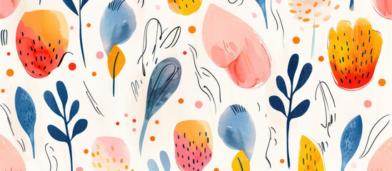 Hand drawn watercolor illustration of various abstract leaves and flowers, simple geometric shapes in orange, pink, blue and yellow colors on a white background