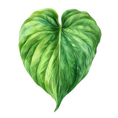 Vibrant green heart-shaped leaf with detailed texture and vein patterns isolated on white background, symbolizing nature and love.
