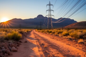 Silhouette of high voltage electrical tower in desert landscape against sunset sky