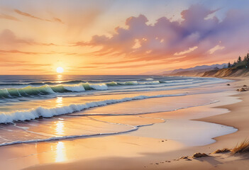 Naklejka premium Serene beach painting with waves crashing at sunset, capturing the tranquility and beauty of nature
