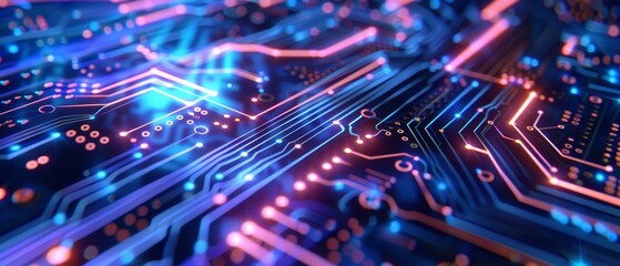 Fototapeta premium A digital circuit board design with intricate lines and binary code on a blue background Closeup