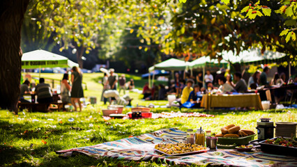 Obraz premium A vibrant outdoor picnic in a sunny park, showing people enjoying food, relaxation, and socializing on a warm summer day.