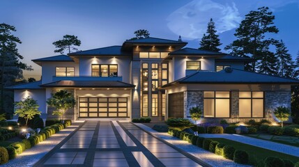 Fototapeta premium 3d rendering of modern house in luxurious style in night 
