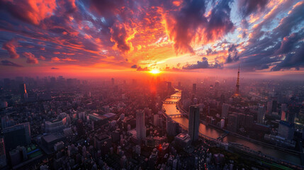 Obraz premium At sunset, Tokyo City reveals its stunning skyline from a high vantage point, with the warm glow of the sun casting a serene light over the bustling metropolis of Japan.