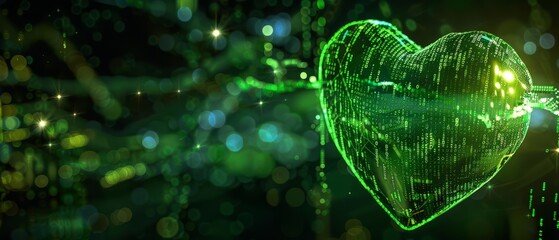 A glowing green heart with digital patterns, suspended in a cybernetic environment Closeup