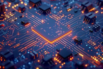 A glowing microchip on a blue circuit board with bright lines and patterns emanating from it Closeup