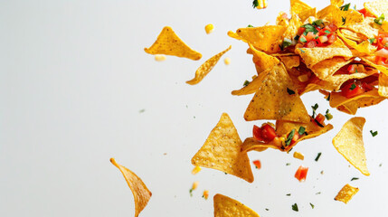 Hot Mexican nachos descend elegantly against the stark white canvas. Their aromatic allure fills the air as they tumble, promising a symphony of flavors and textures with every bite
