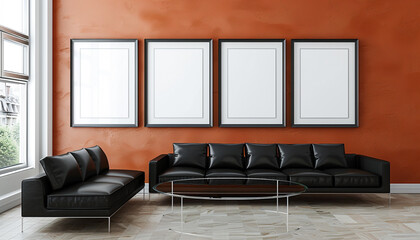 Four frames on a bright terracotta wall, black leather sofa, sleek glass table; high-definition 3D.