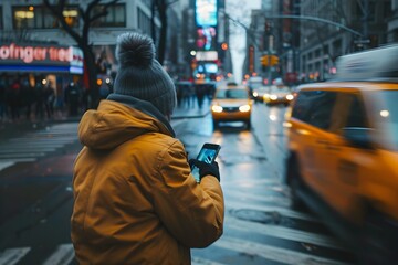 Obraz premium Busy City Street with Commuter Using Smartphone on Rainy Night