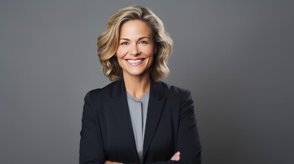 a confident middle-aged businesswoman in a tailored suit, smiling 