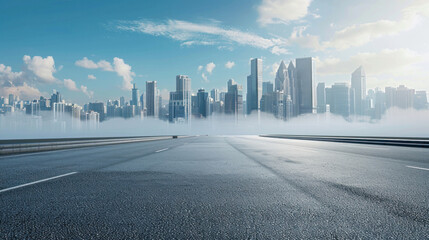 Modern city buildings rise against the sky, with a pristine asphalt road curving gracefully through the urban expanse.