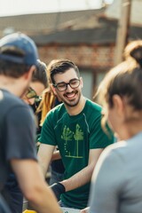 Obraz premium Professional Photography of a group of coworkers volunteering at a local charity or community service project after work, bonding over, Generative AI