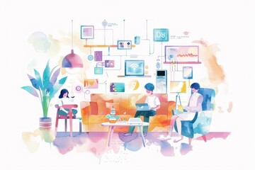 A kawaii watercolor of a family using electronics, interacting with smart home devices in a futuristic, techsavvy living room, Clipart isolated on white