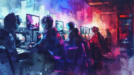 Obraz premium A kawaii watercolor of gamers, intensely focused on their screens in a vibrant, neonlit gaming room, Clipart isolated on white