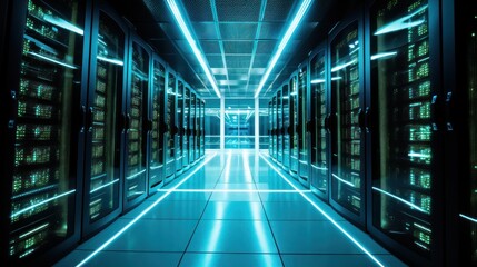 Obraz premium a data center filled with rows of illuminated servers, 