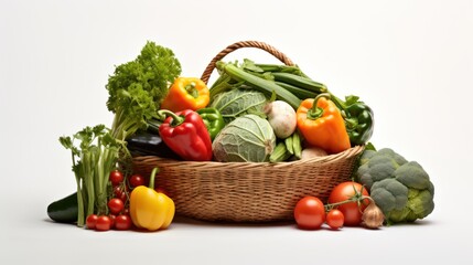 collection of fresh vegetables nestled in a wicker trug on a white background 