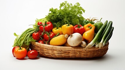 collection of fresh vegetables nestled in a wicker trug on a white background 