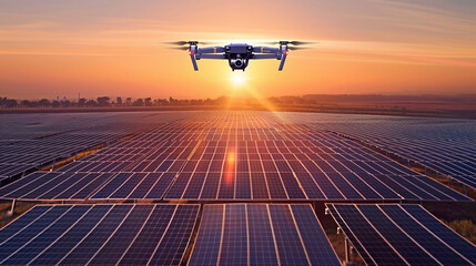 Drone Over Solar Farm at Sunset