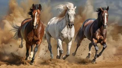 Thoroughbred horses gallop with grace and power, racing neck and neck in the exhilarating competition.