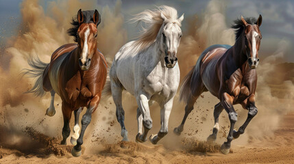 Obraz premium Thoroughbred horses gallop with grace and power, racing neck and neck in the exhilarating competition.