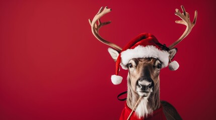 A reindeer in a festive Santa outfit, complete with a red hat and bells, against a solid red background with copy space