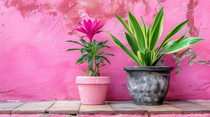 Pink wall with large potted plant, vibrant plaster texture background with copy space.