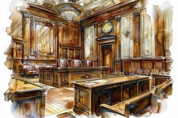 Obraz premium A set of watercolor of a government building, with officials discussing policies in a grand, historic chamber, Clipart isolated on white