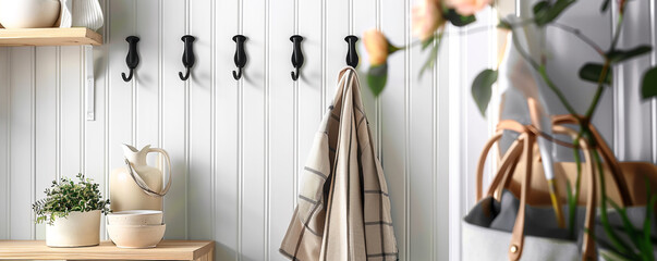 Minimalist black metal wall hooks in a contemporary entryway with clean lines and neutral decor, providing stylish and functional storage